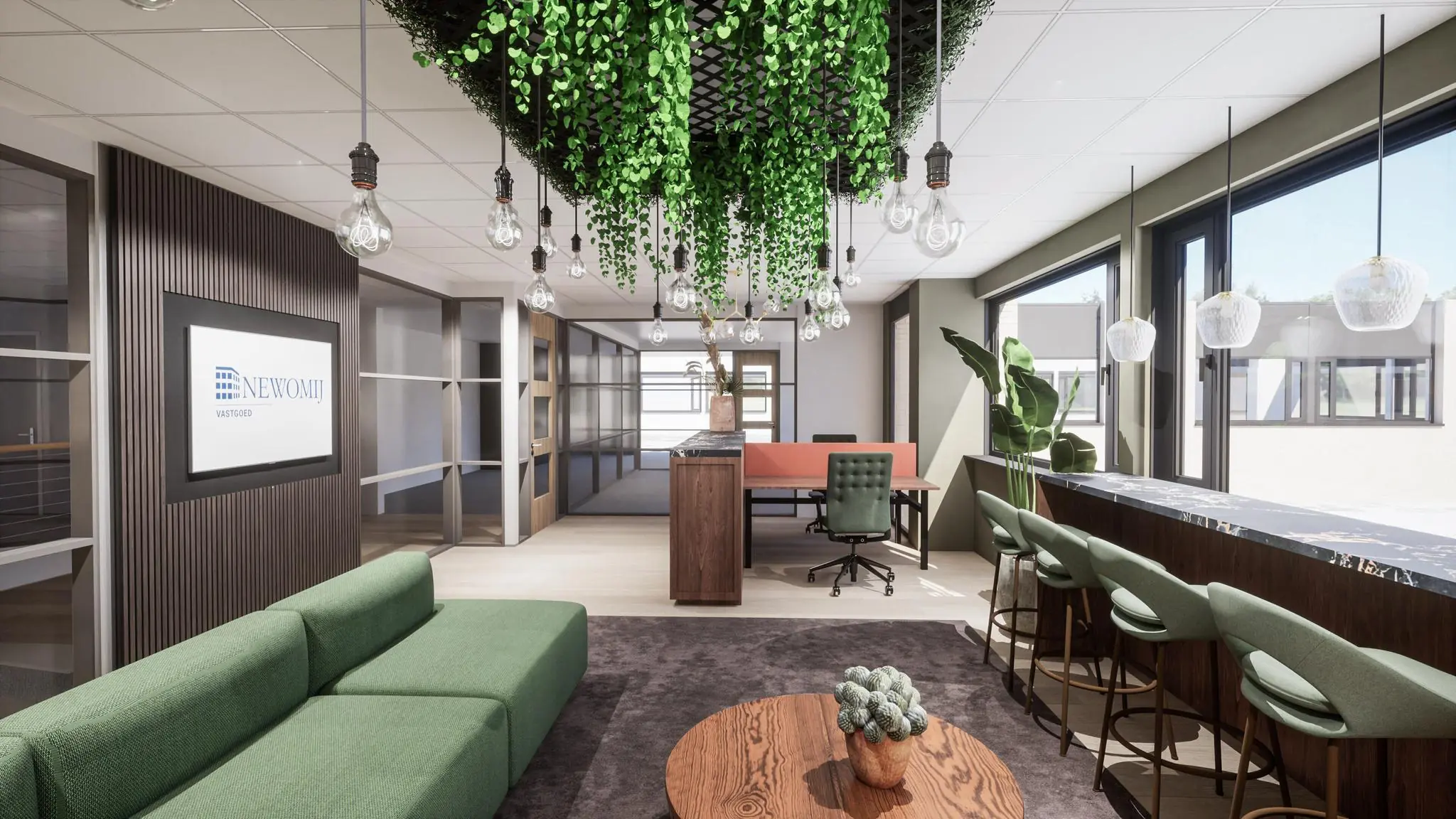 Modern ingericht kantoorinterieur van Newomij Vastgoed met groene accenten, hangende verlichting en een zithoek.